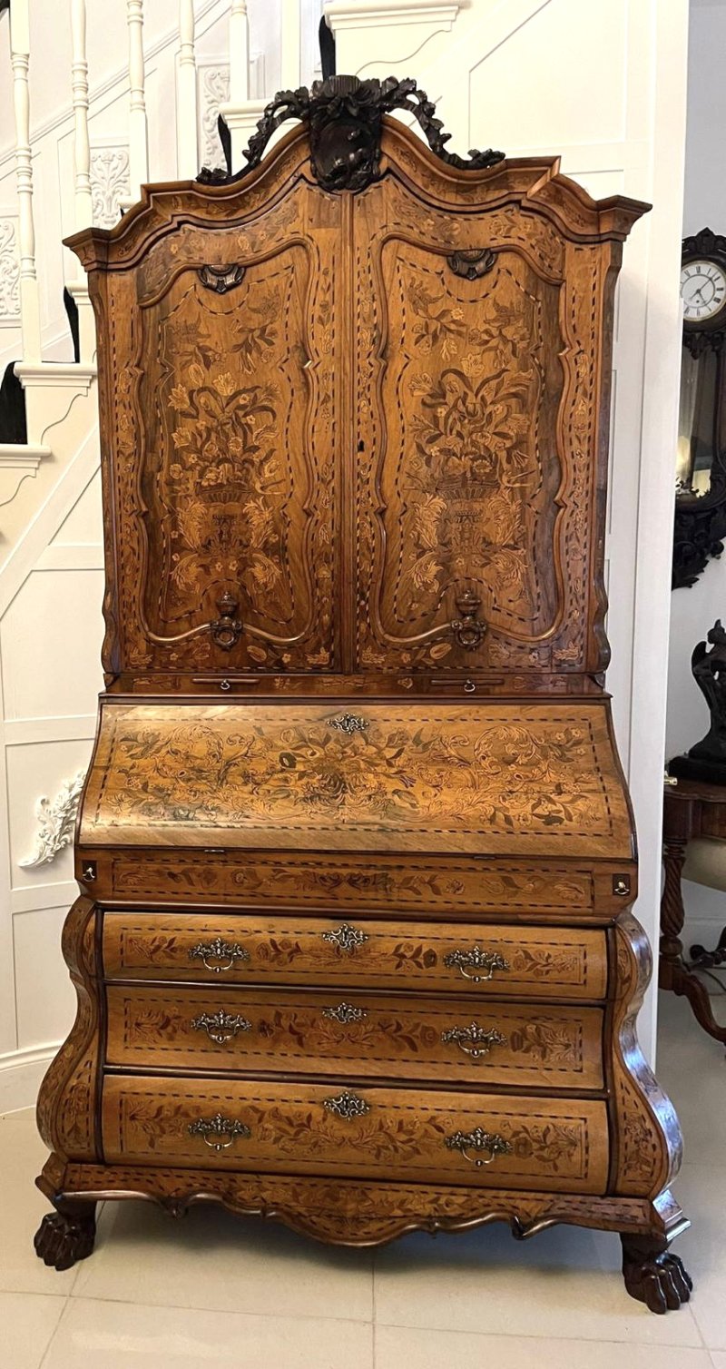 Outstanding Quality 18th Century Antique Dutch Marquetry Inlaid Burr Walnut Bureau Bookcase - Image 21